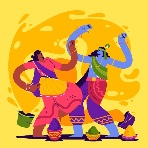 Vettore flat radha e krishna illustrazione per la celebrazione del festival di holi.