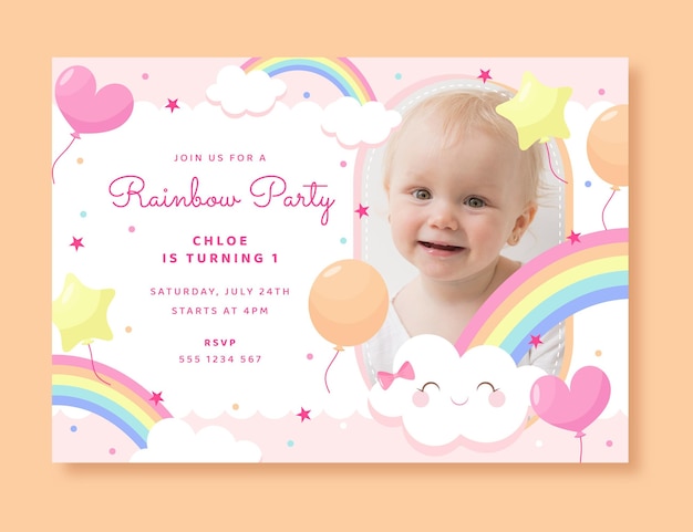 Flat rainbow birthday invitation template with photo