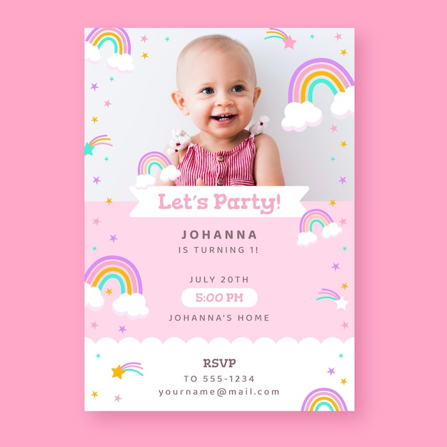 Flat rainbow birthday invitation with photo