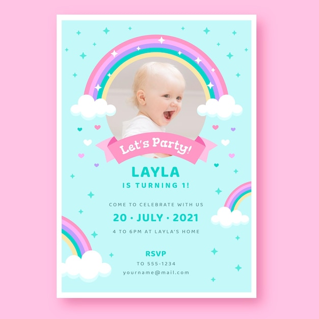 Flat rainbow birthday invitation with photo