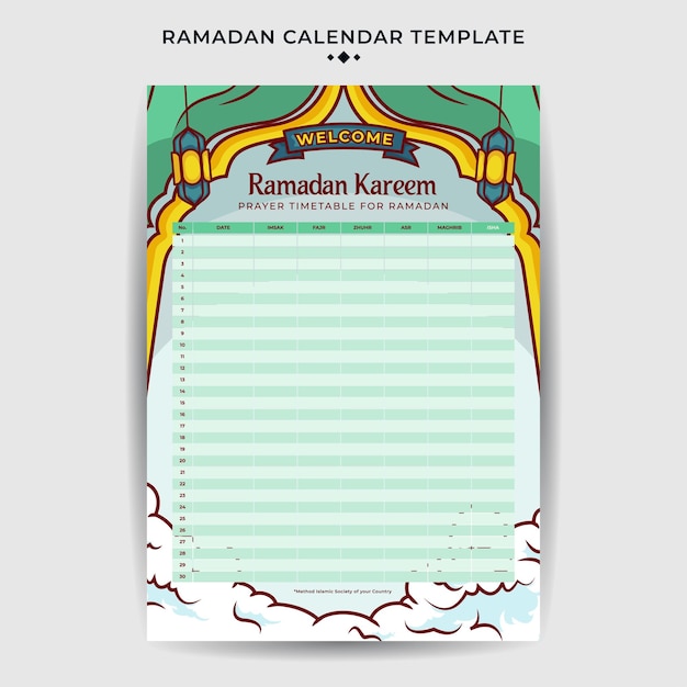 Vettore modello di pianificazione del calendario del ramadan piatto con ornamento islamico disegnato a mano