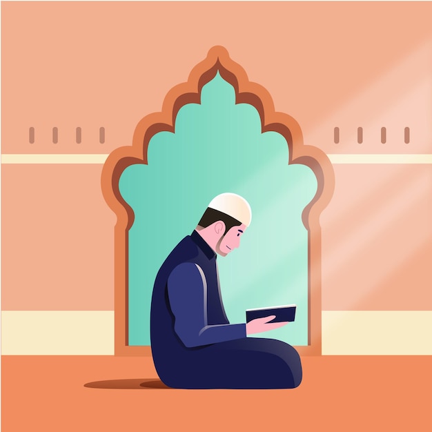 Vector flat ramadan illustration islam man read quran mosque