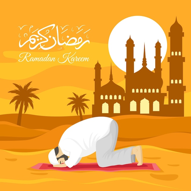 Плоская иллюстрация рамадана с молящимся человеком