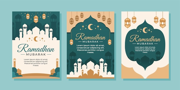 Flat ramadan islamic celebration greeting cards collection