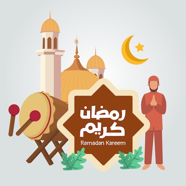 Flat Ramadan Kareem beautiful greeting card with arabic with mosque moon man muslim