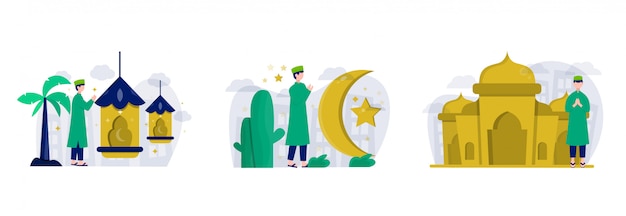 Pack di ramadhan design illustration piatto con carattere