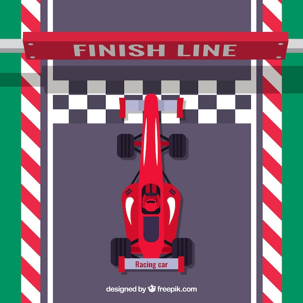 Flat red f1 racing car crosses finish line
