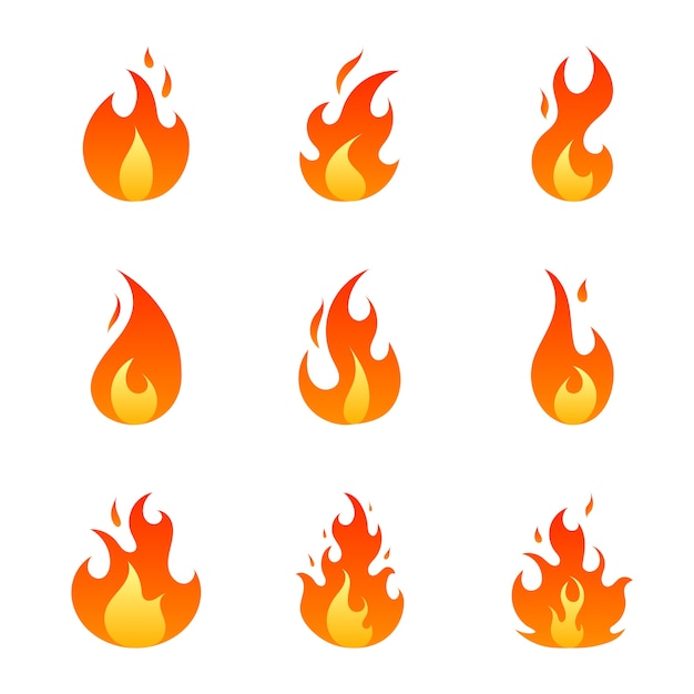 Flat red and orange fire flames set isolated