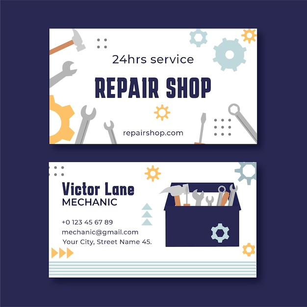 Vector flat repair shop business horizontal business card template