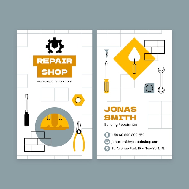 Vector flat repair shop business vertical business card template