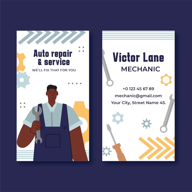 Vector flat repair shop business vertical business card template