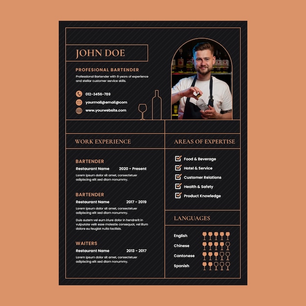 Flat resume template for bartender job hunting