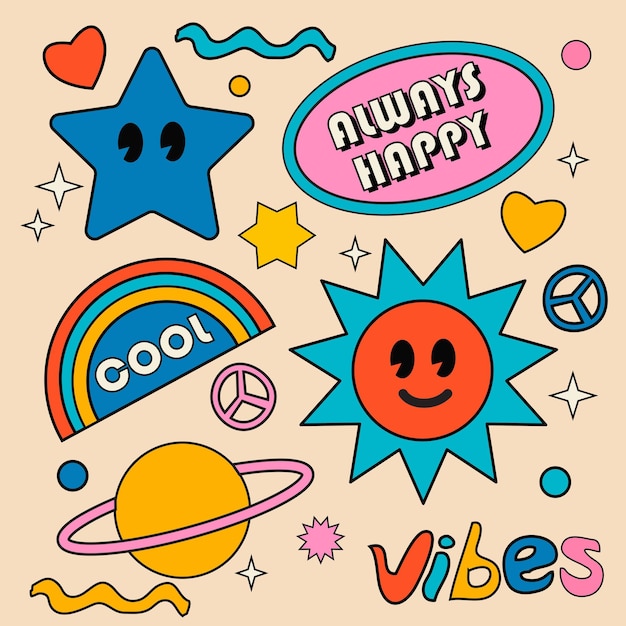 Flat retro 70s hippie stickers psychedelic groovy elements