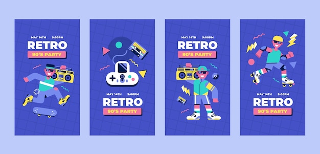 Vector flat retro 90s party instagram stories collection