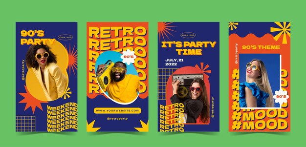 Flat retro 90s party instagram stories collection