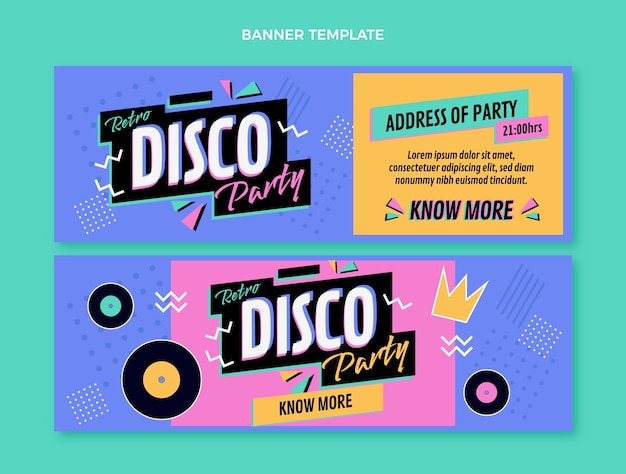 Flat retro disco party horizontal banners set