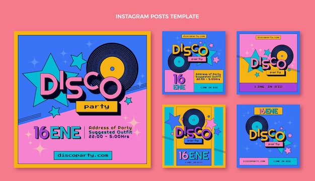 Flat retro disco party instagram posts collection