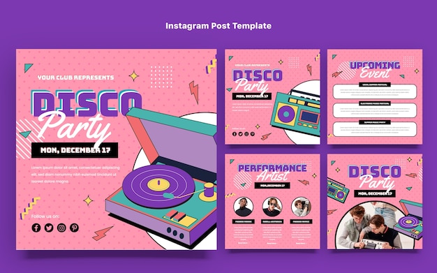 Vector flat retro disco party instagram posts collection