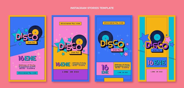 Vector flat retro disco party instagram stories collection