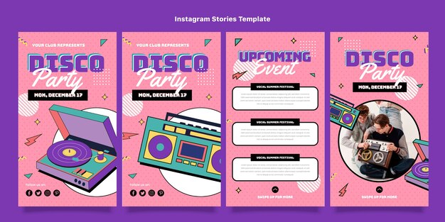 Vettore collezione di storie di instagram festa in discoteca retrò piatta