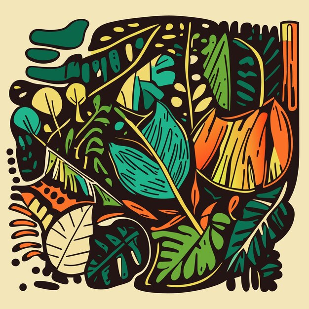 Vettore illustrazioni vettoriali di icone di foglie di foresta pluviale in stile retrò piatto