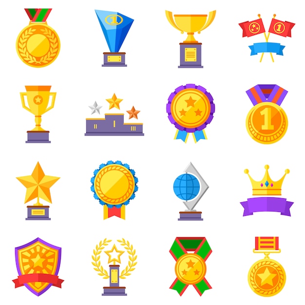 Vector flat rewards vector icons. gold cups, medals and crowns pictograms