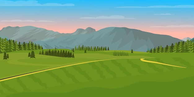 Vector flat river background portraying evening in trees and hills