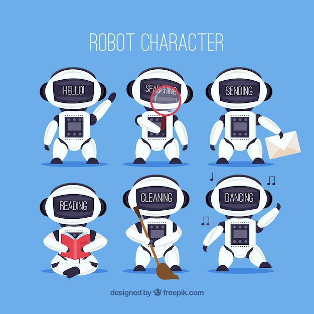 Flat robot character with different poses collection