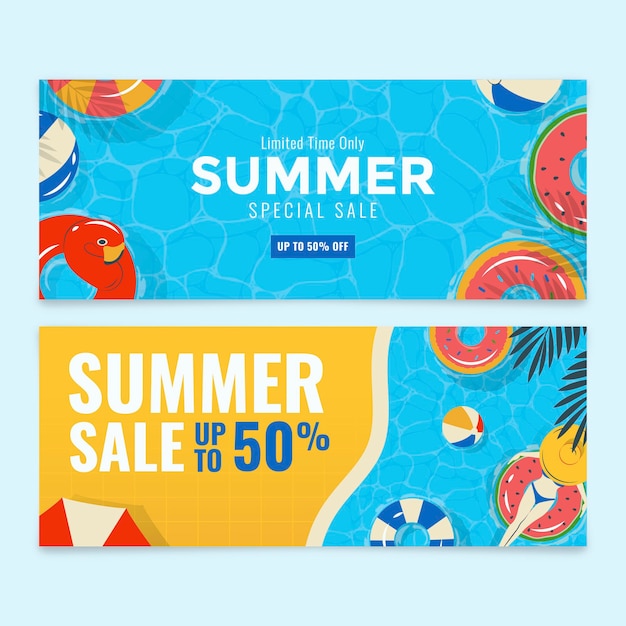 Flat sale banner template set for summertime with colorful float on water