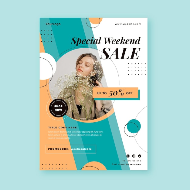 Flat sales poster template with photo