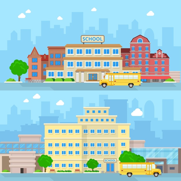 Vector flat school bus and building facade entrance set  illustration. back to education concept.