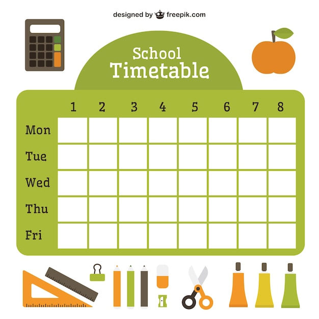 Vector flat school timetable with essential accessories