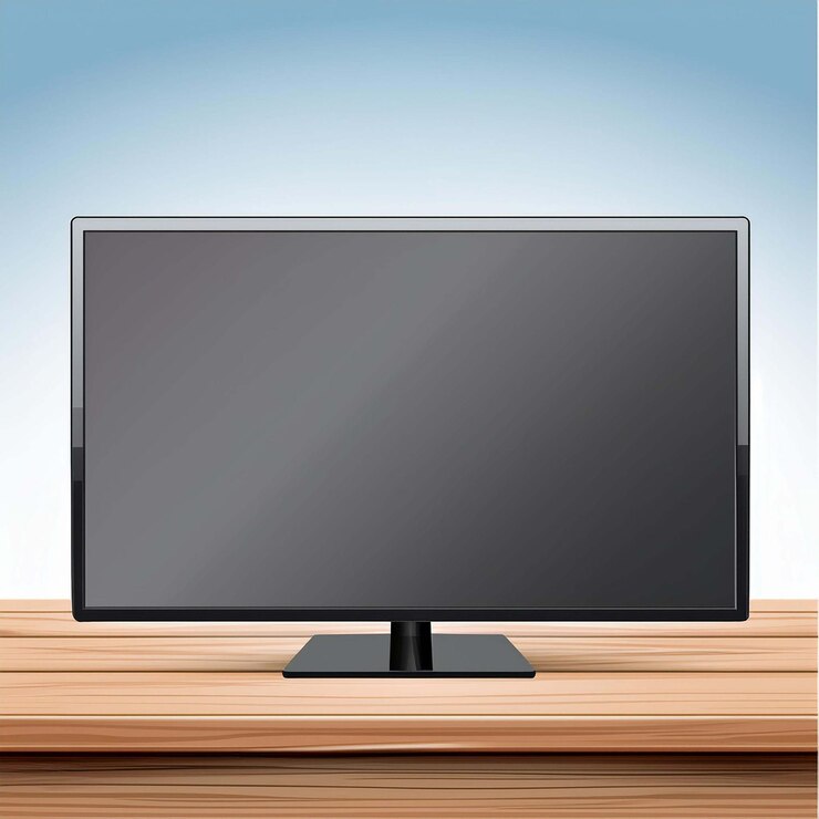 a flat screen tv on a wooden table with a blue background