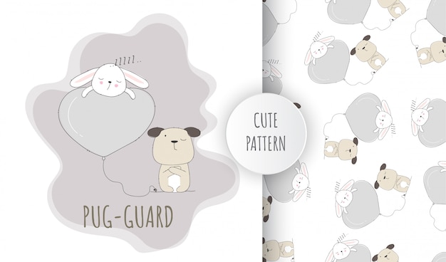 Flat seamless pattern cute animal pug puppy and sleeping bunny