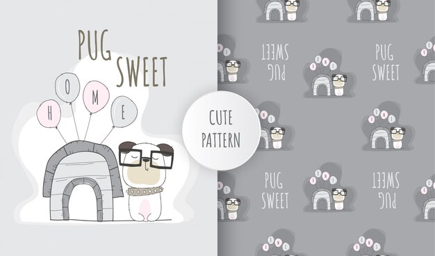 flat seamless pattern cute animal pugs at home