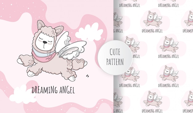 Flat seamless pattern cute animal sloth angel