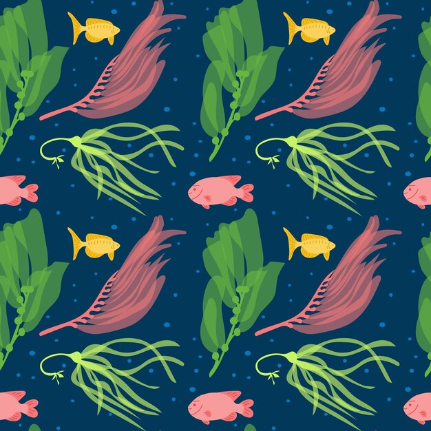 Vector flat seamless pattern with kelp and fish