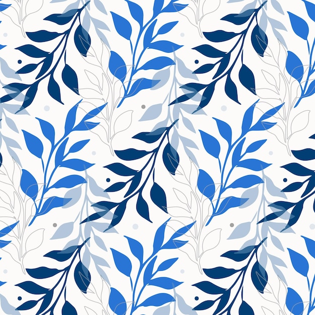 Flat seamless pattern with monotone blue leaves on a elegant white background