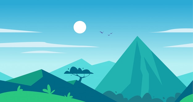 flat seamless summer landscape illustration with mountains, sun, tree and blue clouded sky.