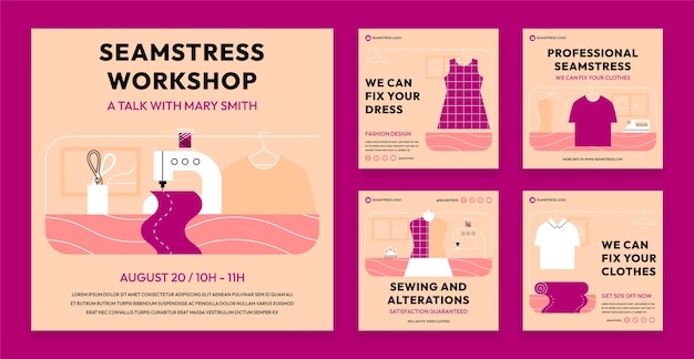 Vector flat seamstress instagram posts collection