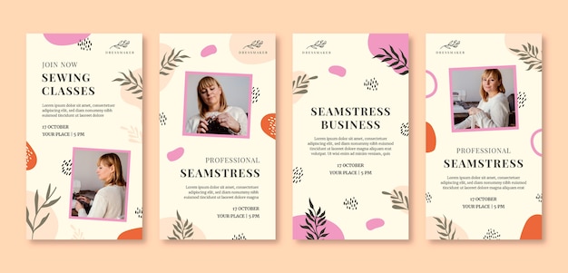 Vector flat seamstress instagram stories collection