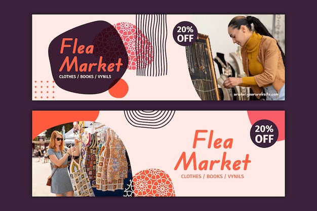 Vector flat second-hand flea market horizontal banners set