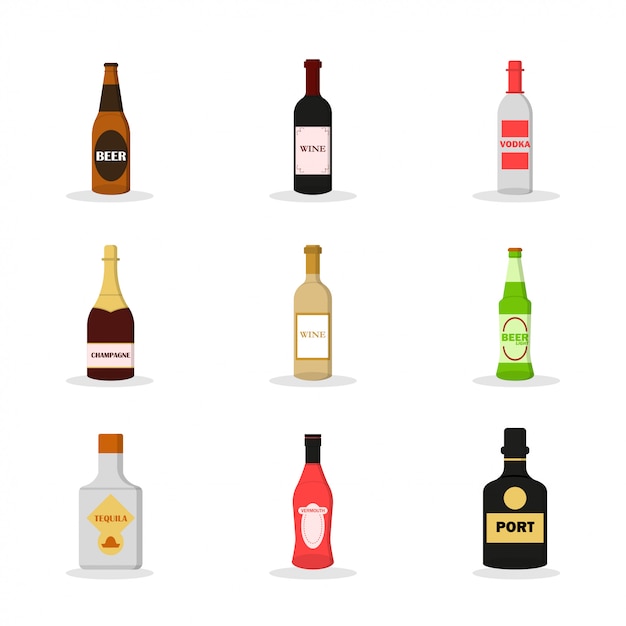 Vector flat set of alcohol. alcoholic drink. set of dark beer, red wine, vodka, champagne, white wine, light beer, tequila, vermouth, port