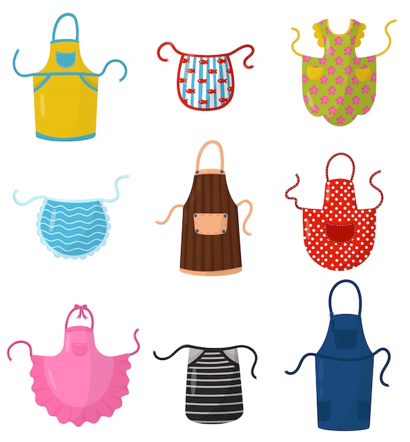 Flat   set of colorful kitchen aprons. Protective garment. Cooking dress for housewife or chef of restaurant