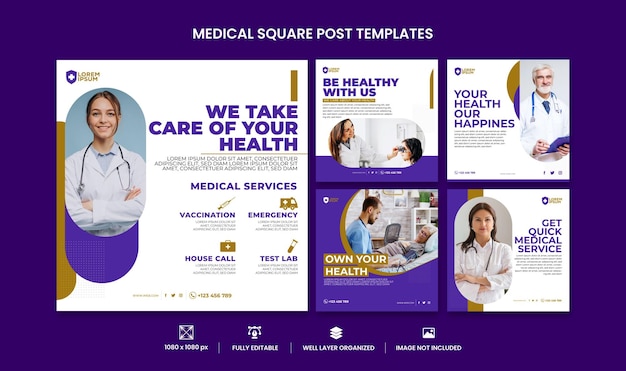 плоский набор дизайн медицинский квадратный флаер шаблон instagram пост дизайн