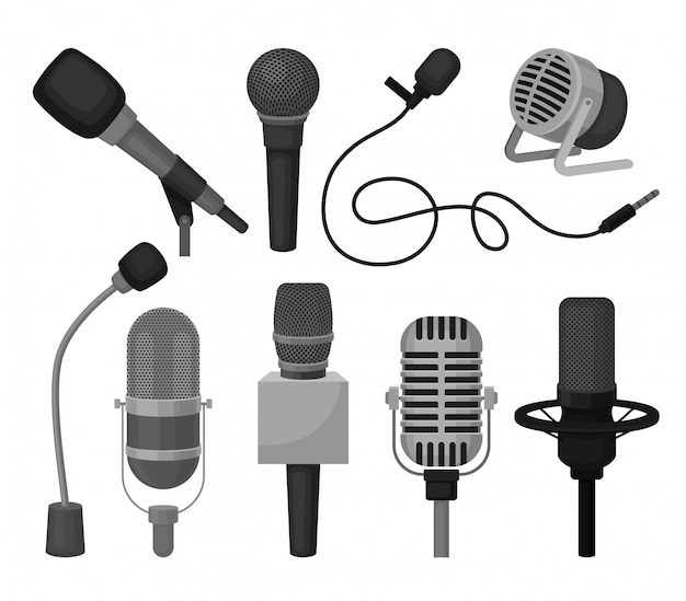 Flat set of different microphones. professional sound recording equipment. dynamic and condenser mics