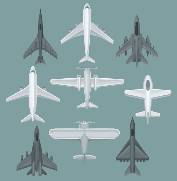 Flat   set of different types of aircraft. powerful fighter jets. airplanes for transporting passengers or cargo. aviation theme.