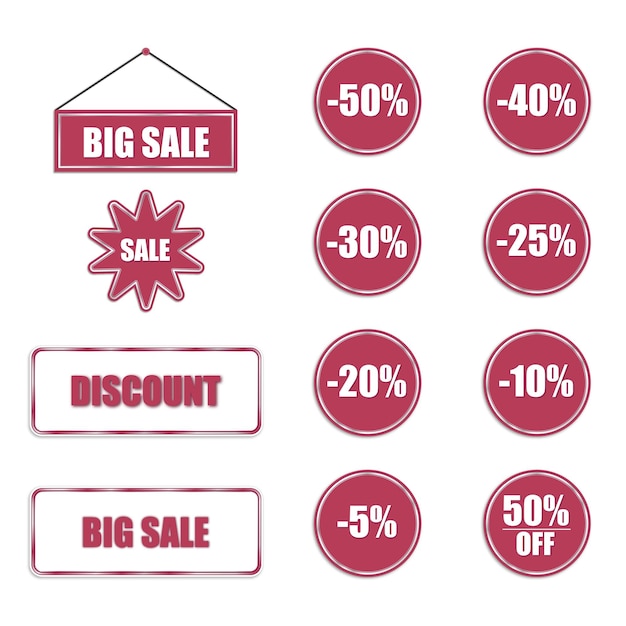 The flat set of discount coupons labels in viva magenta color