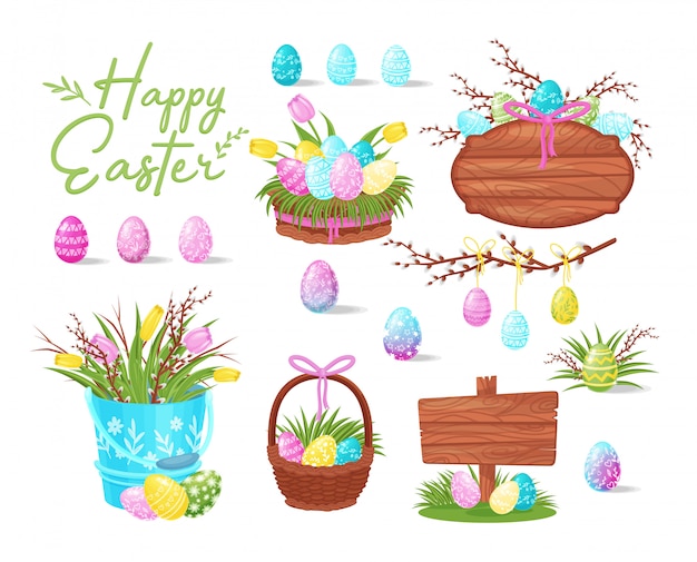 Flat set of Easter icons. Baskets with painted eggs, blank wooden boards, bucket with spring flowers