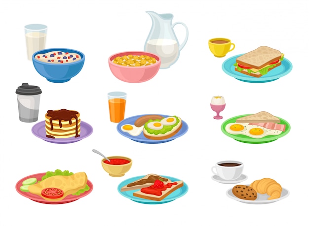 Flat set of food and drink icons. Tasty breakfast. Appetizing morning meal. Nutrition theme